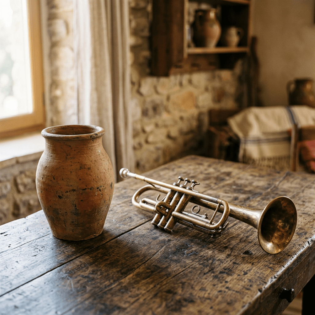 Vintage brass trumpet and large clay pot on worn wooden table in rustic room