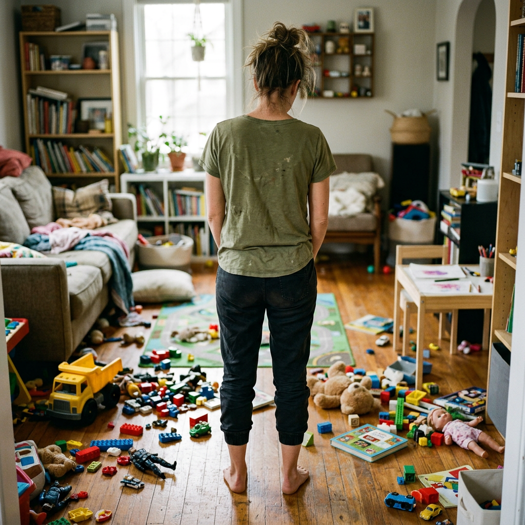 Parent standing amid scattered toys in a cluttered playroom